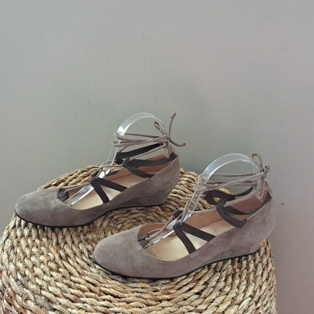 FS/NY French Sole Womens Taupe Suede Elastic/String Lace-up Ballet Wedge Flats 8